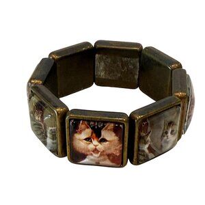 Bezel Set Cats Picture Charm Stretch Bracelet Vintage 7"